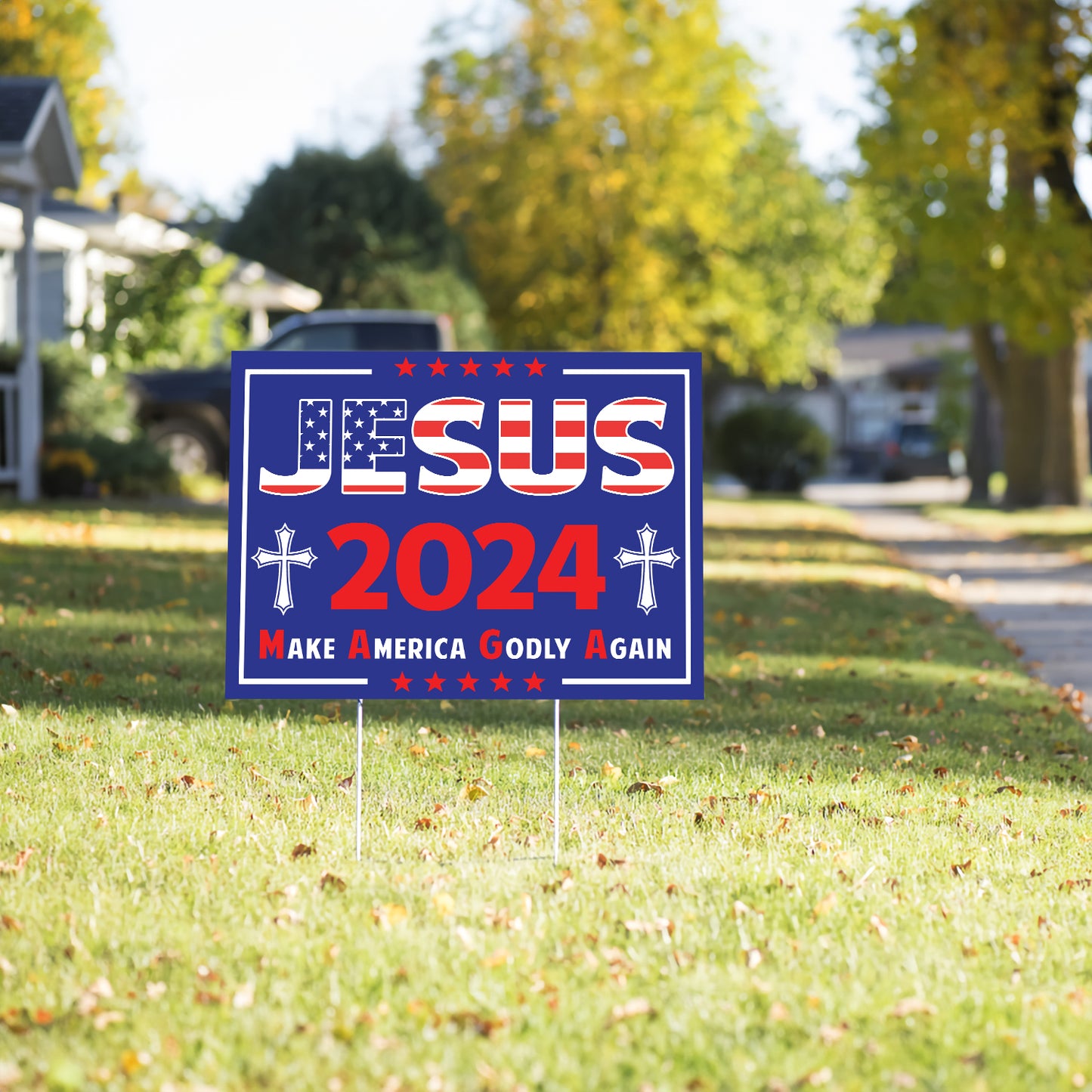 Teesdily | Jesus Cross Yard Sign, Christ 2024 Make American Godly Again Garden Outdoor Sign, American Flag Lawn Sign, Jesus Yard Decor, Patriot Gift