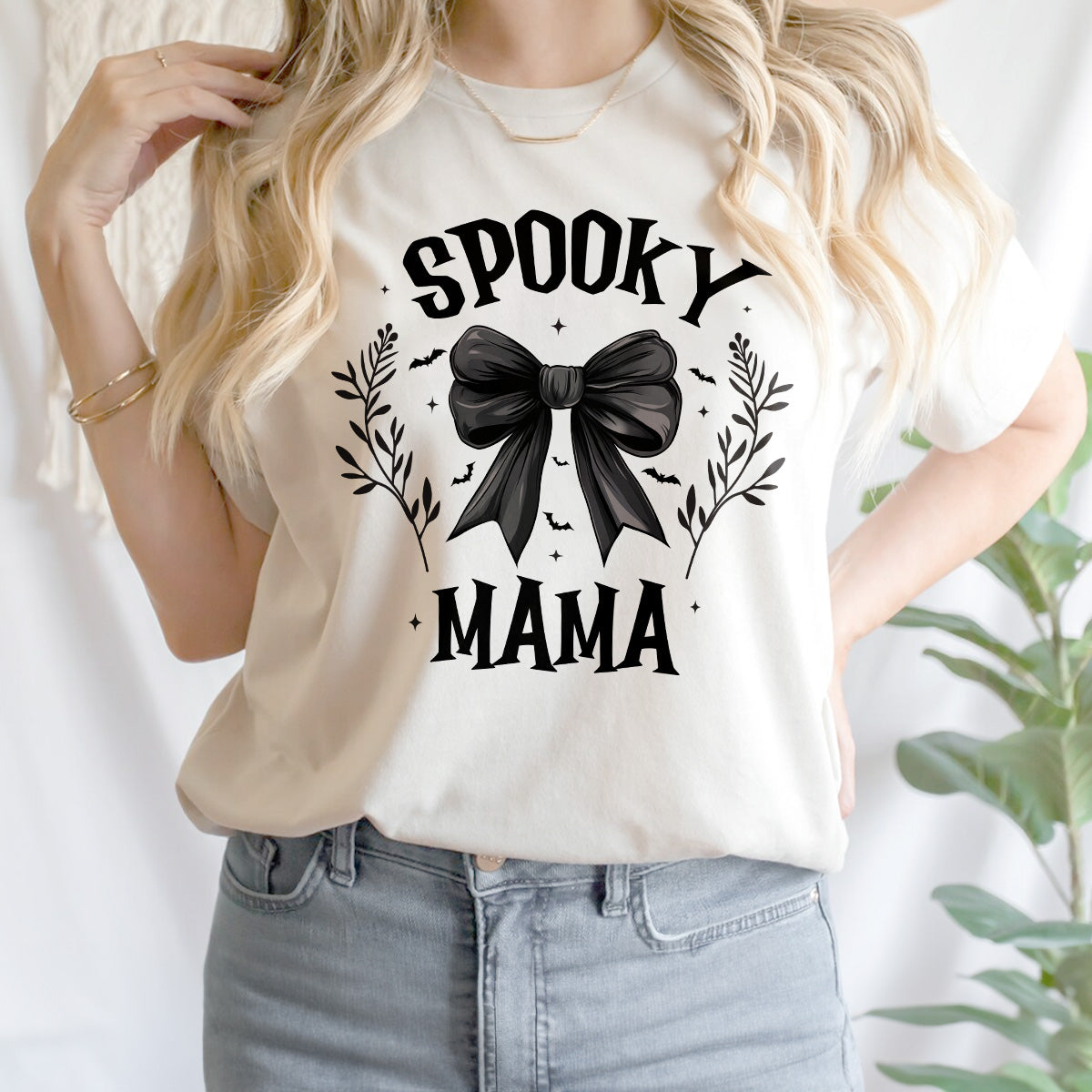 Teesdily | Retro Coquette Spooky Mama Bow Halloween Shirt, Back Bow Bat Flower Halloween Sweatshirt Hoodie Mug, Mama T-shirt, Halloween Gift