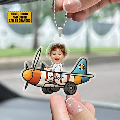 Teesdily | Personalized Kid's Face Acrylic Transportation Car Hanging, Car Air Plane Rocket Air Balloon Ornament, Custom Car Accessories, Family Gifts