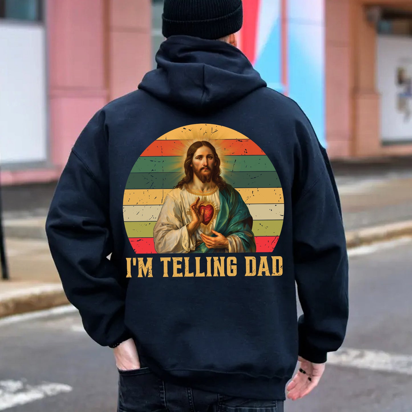 Teesdily | Jesus Sacred Heart Retro Shirt, I'm Telling Dad Shirt, Dad Grandad Vintage Sweatshirt Hoodie Mug, Father's Day Christian Dad Gifts