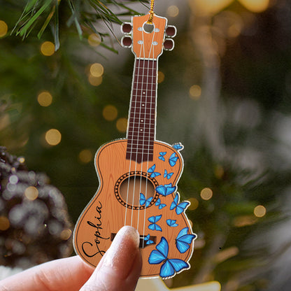 Teesdily | Customized Butterfly Guitar Ornament 2d Flat Acrylic, Artist Guitar Player Ornament Christmas, Gift For Guitar Players