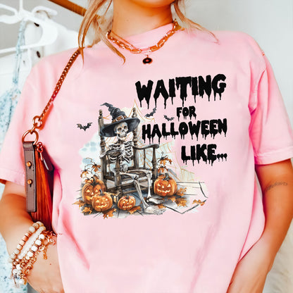 Teesdily | Funny Halloween Skeleton T-shirt, Skeleton Waiting For Halloween Like Sweatshirt Hoodie Mug, Skeleton Pumpkin Shirt, Halloween Party Gift