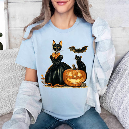 Teesdily | Cat Witch Halloween Shirt, Retro Halloween Pumpkin Sweatshirt, Black Cat Spooky Season Hoodie Mug, Cat Lover Gift