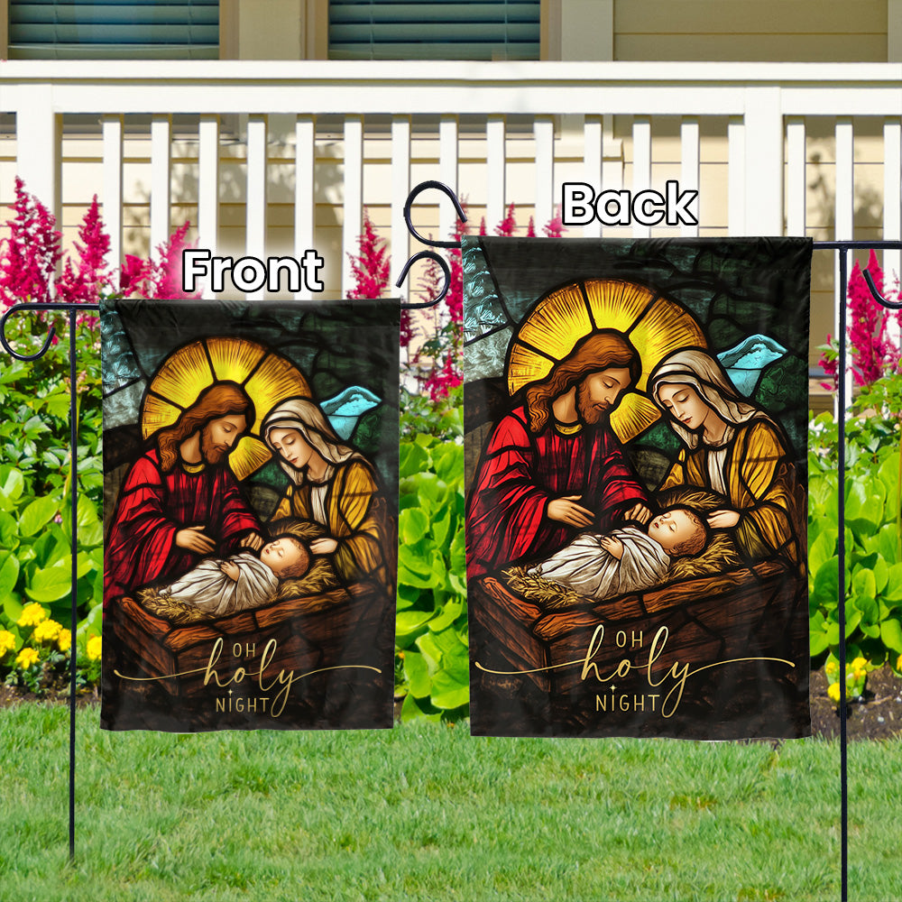 Teesdily | Christmas Jesus Nativity O Holy Night Garden Flag, Christian Christmas Scene Stained Glass Print House Flag Decor Yard