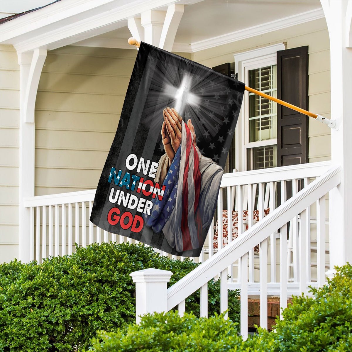 Teesdily | Jesus Christ Hand Praying Garden Flag, God Bless America House Flag, God American Flag Print, Christian Home Outdoor Decor