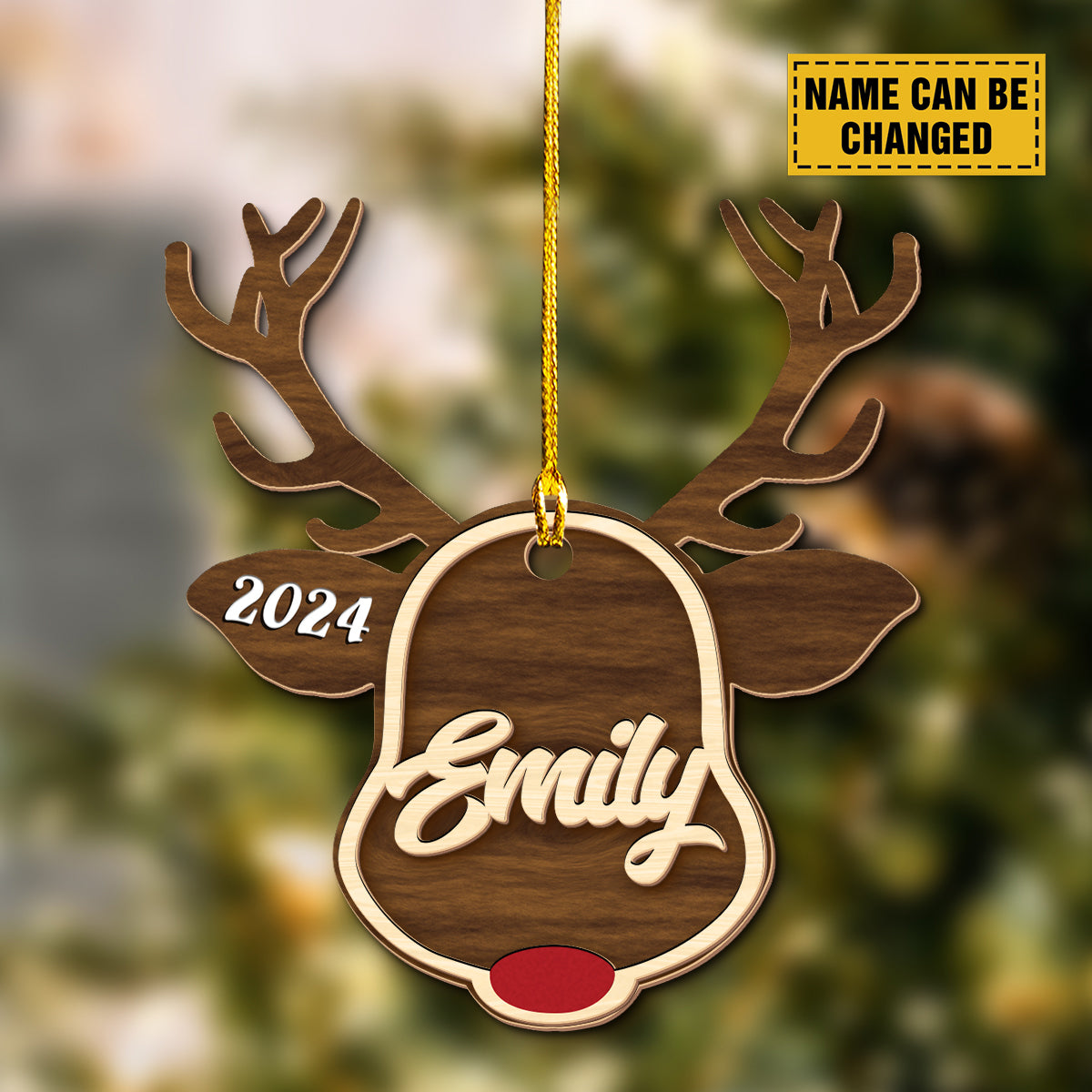 Teesdily | Customized Reindeer Rudolph Christmas Ornament, Family Name Deer Horn 2 Layered Wooden Ornaments, Home Decor 2024 Gift