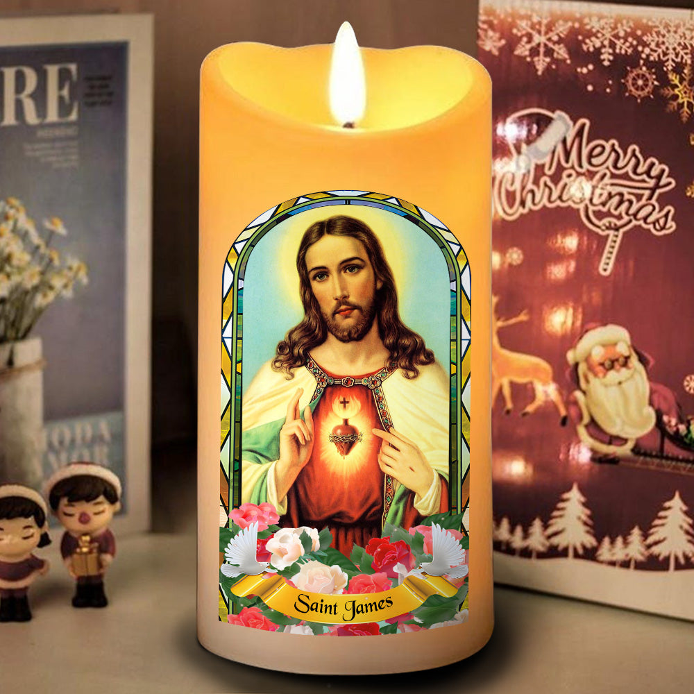 Teesdily | Customized Jesus Scared Heart Led Candle, Saint Gift Christmas Flameless Candle Xmas Gift, Jesus Christian Lover Gift