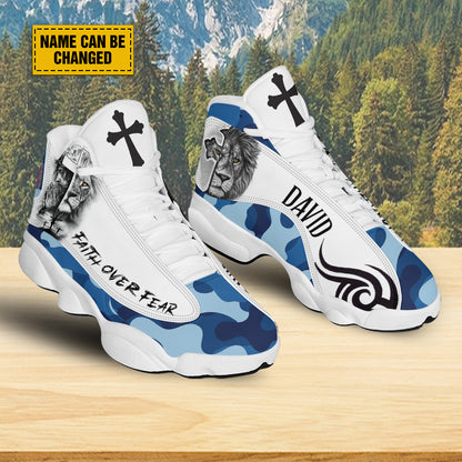 Teesdily | Customized Jesus Lion Of Judah Basketball Shoes, Faith Over Fear Running Shoes, Christian Unisex Shoes With Thick Sole