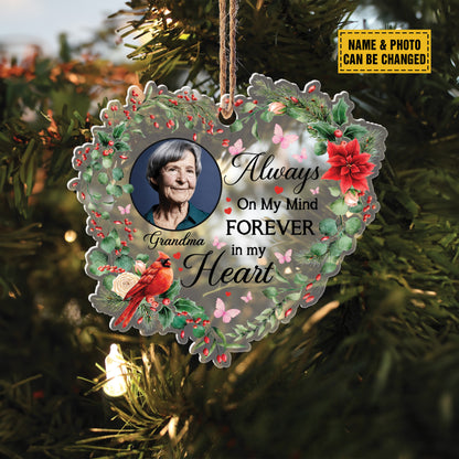 Teesdily | Customized Memorial Christmas Ornament, Always On My Mind Forever In My Heart Cardinal Ornament, Loss Of Grandma Ornament, Christmas Gift