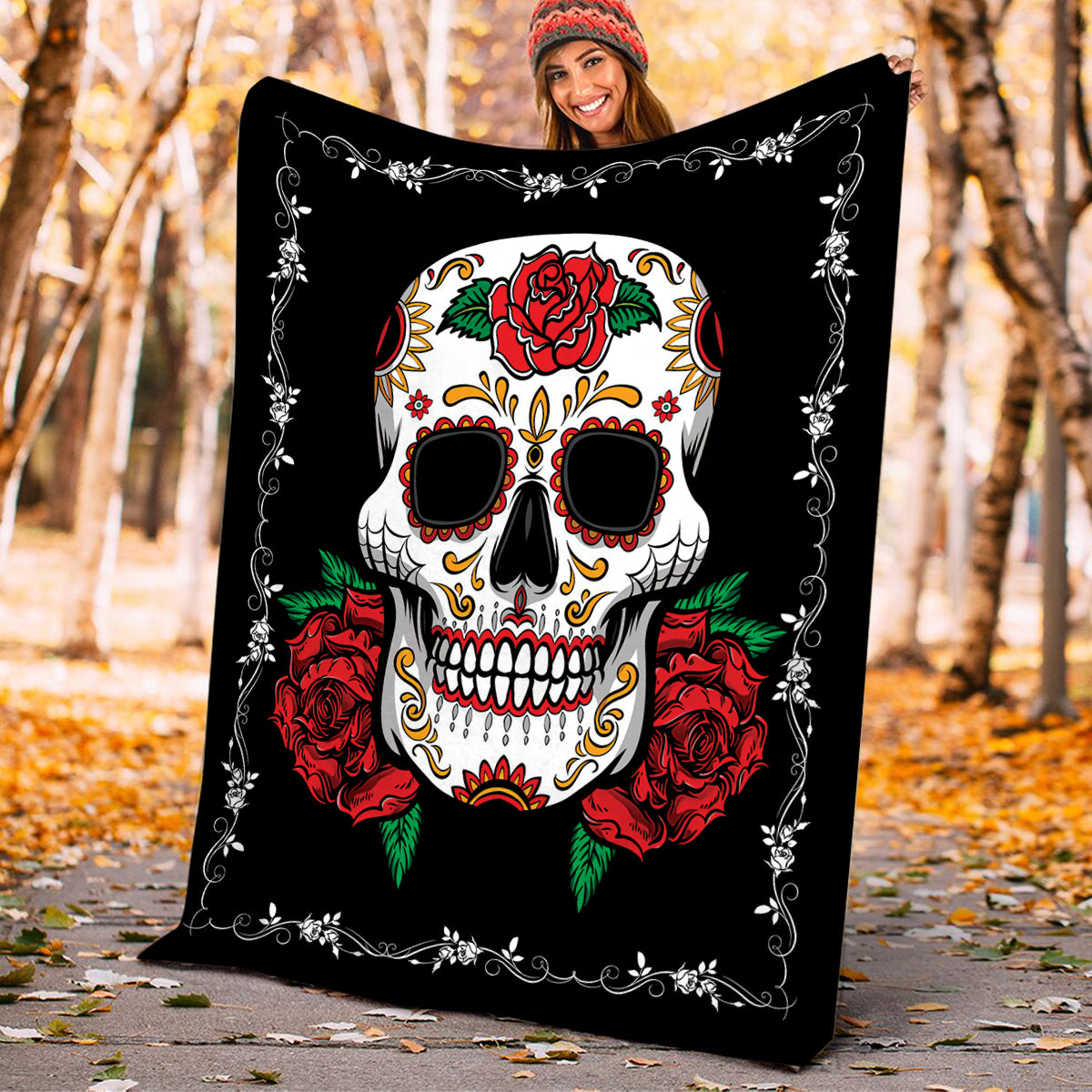 Teesdily | Sugar Skull Rose Blanket Soft Throw Skull Fleece Throw Blanket For Kids Teens Couple Skeleton Bed Blanket Halloween Day Of The Dead Gifts