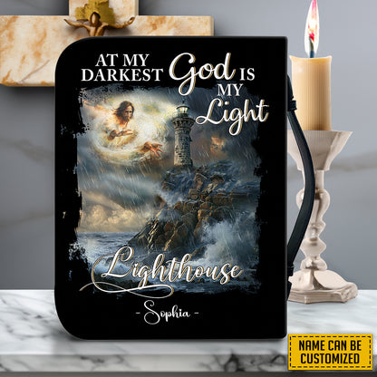 Teesdily | Personalized Jesus Lighthouse Storm Bible Cover, At My Darkest God Is My Light Bible Case With Handle, God Faith Christian Religious Gift