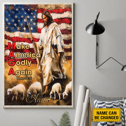 Teesdily | Customized Jesus And Lamb Poster, Make America Godly Again American Flag Poster, Gift For Jesus Lovers, Religious Poster Canvas