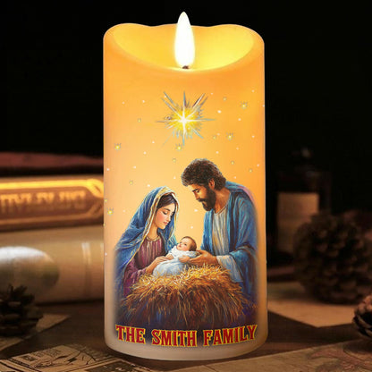 Teesdily | Personalized Holy Family LED Candle, Christmas Jesus Christ Our Lord LED Candle, Religious Home Decor Christmas Gift