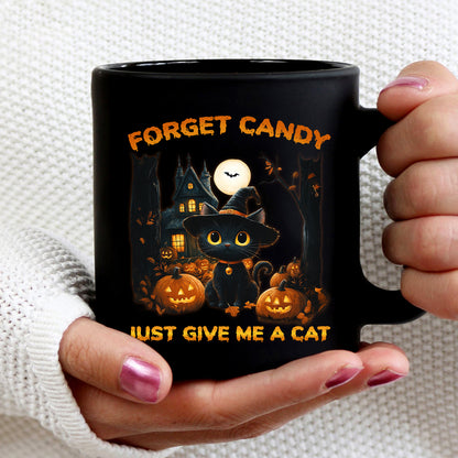 Teesdily | Halloween Cute Cat Shirt, Forget Candy Just Give Me A Cat Tee Sweatshirt Hoodie Mug, Halloween Cat Lovers Gifts, Cat Halloween Moon Shirt