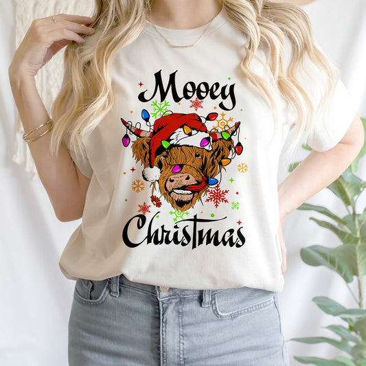 Teesdily | Highland Cow Christmas Shirt, Mooey Christmas Sweatshirt Hoodie Mug, Cow Santa Tee, Farm Christmas Cow Shirts