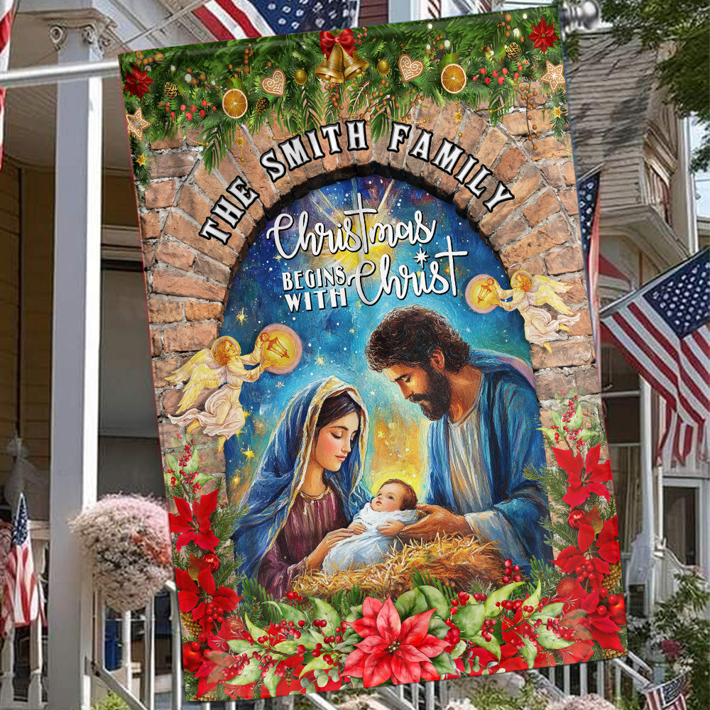 Teesdily | Customized Christmas Begins With Christ Garden Flag, Holy Family Jesus Christmas Flag House, Religious Christmas Gift