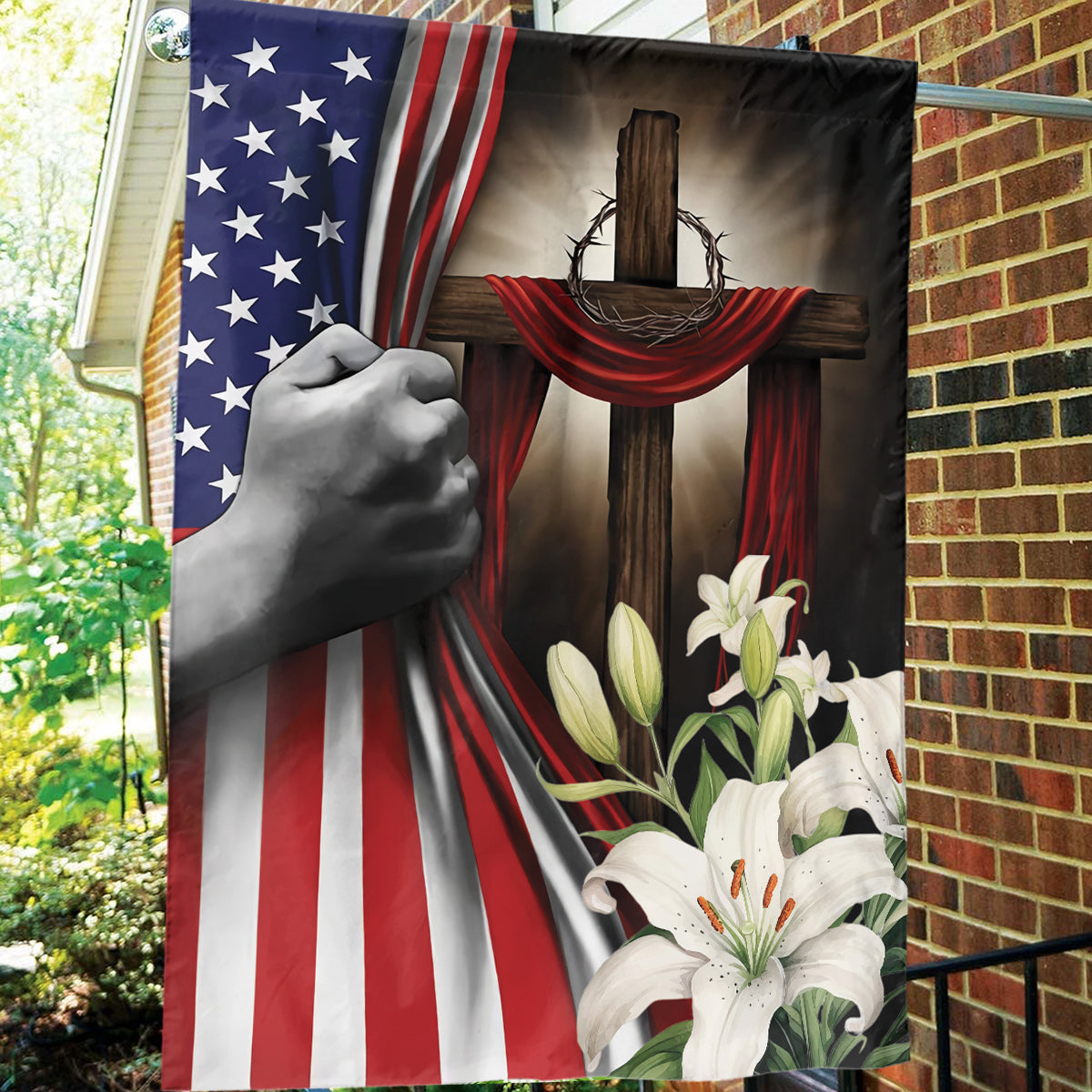 Teesdily | Jesus Cross Hand Pull American Flag, Christ Cross Lily Garden Flag, Christian Home Outdoor Decoration, God Believer House Flag Decor