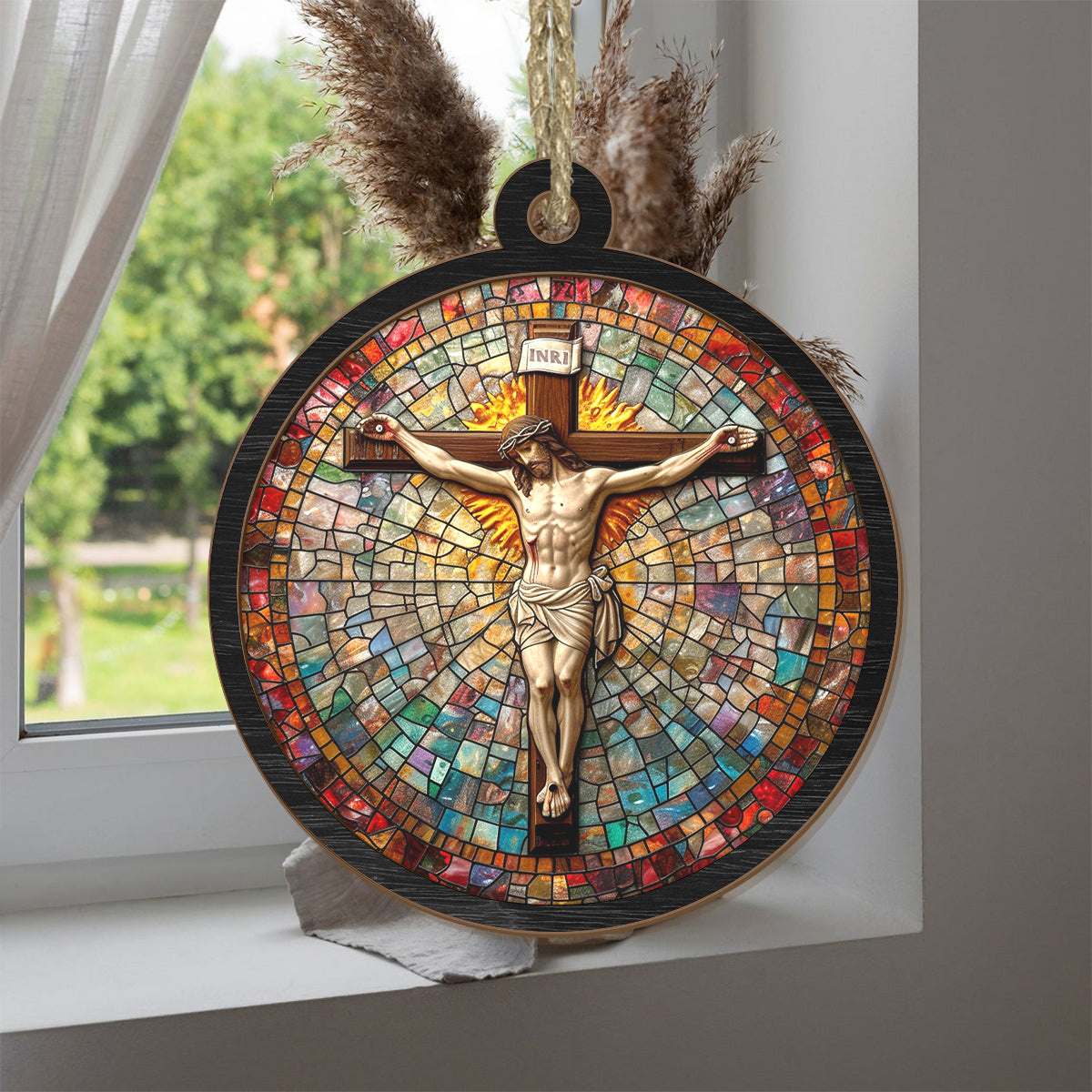 Teesdily | Jesus Crucifixion Suncatcher, Jesus Christ Cross Stain Glass Suncatcher, Faith Religious Suncatcher Christmas Decor, Jesus Lover Gift