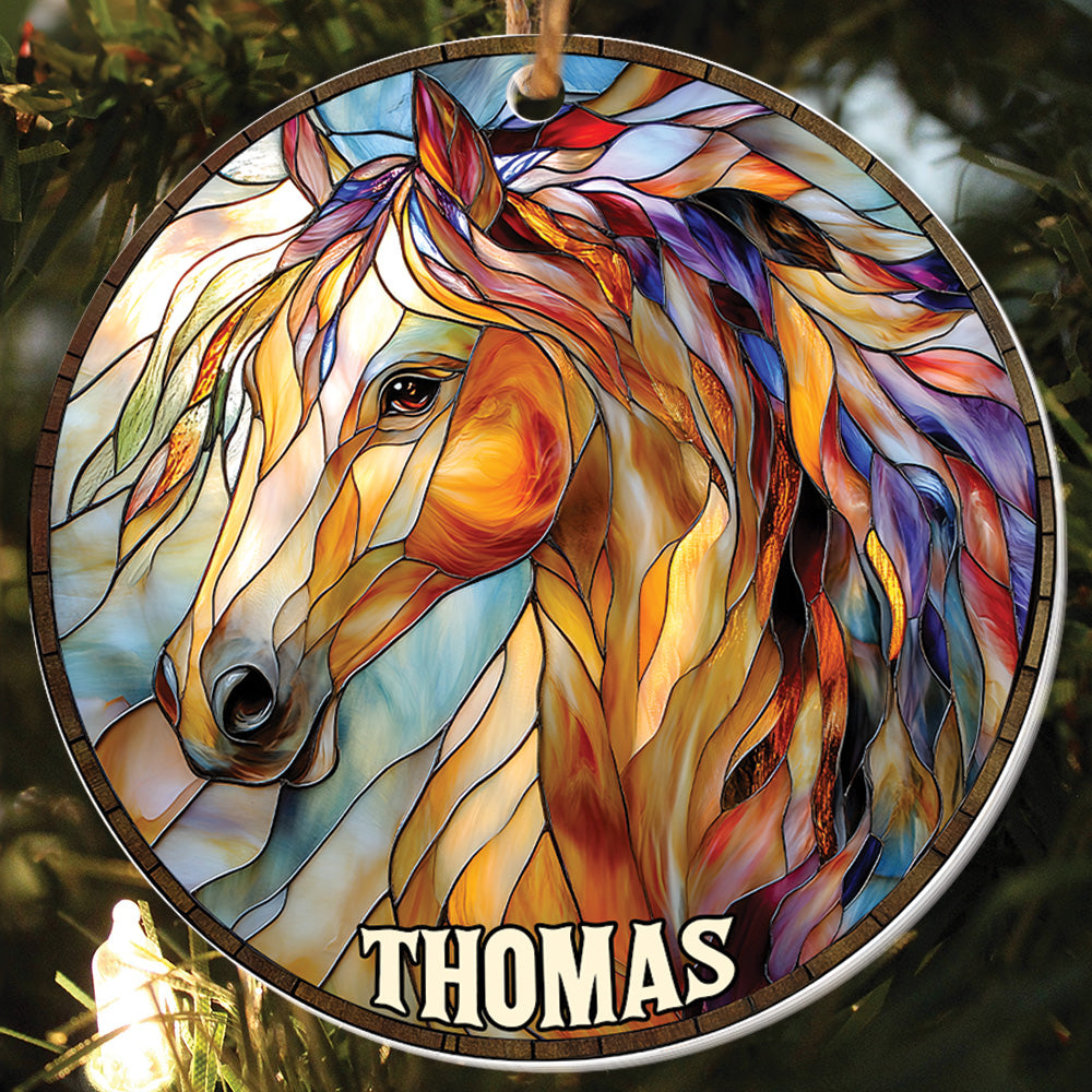 Teesdily | Personalized Horse Ornament, Christmas Horse Stained Glass Printed 2D Ornament, Horse Lover Gift Christmas Decor