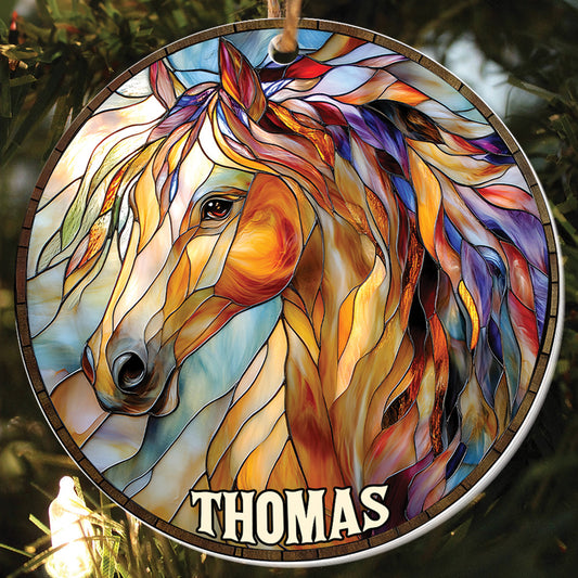 Teesdily | Personalized Horse Ornament, Christmas Horse Stained Glass Printed 2D Ornament, Horse Lover Gift Christmas Decor