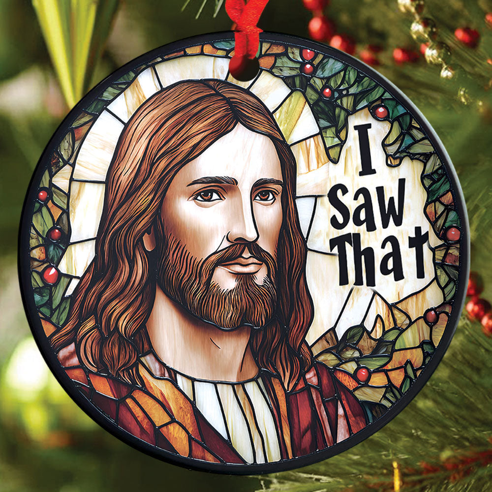 Teesdily | I Saw That Funny Jesus Ornament 2024, Jesus Christ Stained Glass Printed Ornament, Christmas Gift Decor