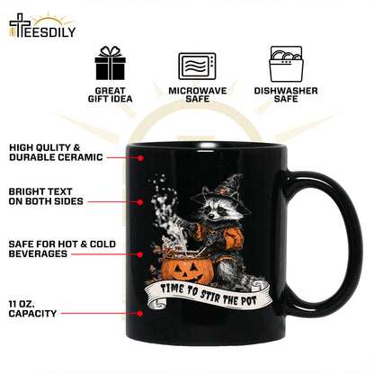 Teesdily | Retro Witch Raccoon Shirt, Time To Stir The Pot Sweatshirt, Raccoon Pumpkin Pot Hoodie Mug, Halloween Costume Family