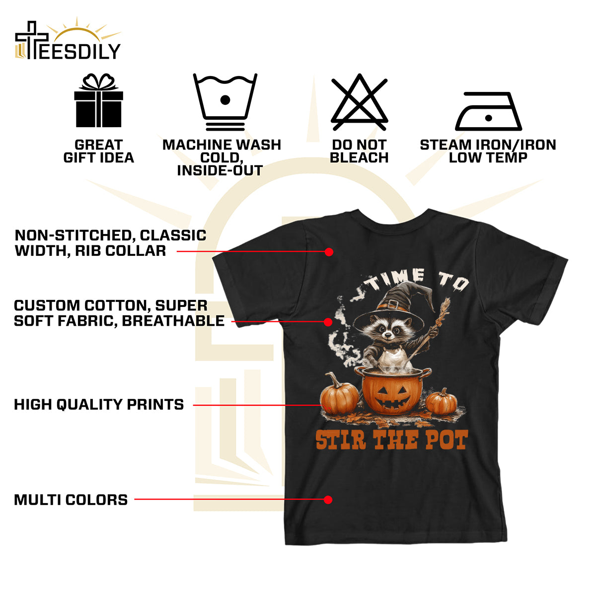 Teesdily | Time To Stir The Pot Witch Halloween Shirt, Funny Raccoon Witch Retro Halloween Sweatshirt, Spooky Season Hoodie Mug Gift