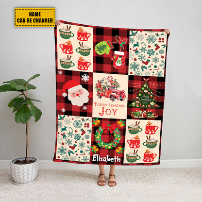 Teesdily | Christmas Pattern Personalized Fleece Blanket Christmas Theme Vintage Sherpa Blanket Today I Choose Joy Xmas Holiday Warm Blanket Gifts