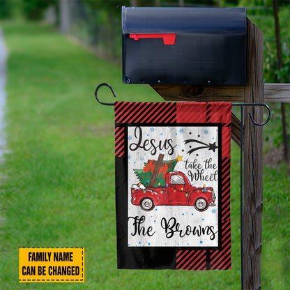 Teesdily | Customized Jesus Take The Wheel Christmas Garden Flag, Red Truck Car Christmas Tree House Flag, Christ Cross Home Flag