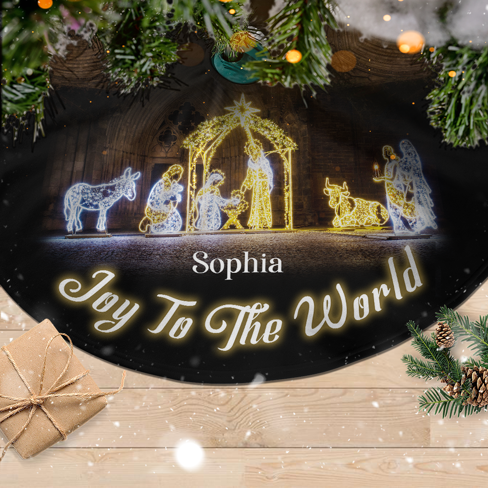 Teesdily | Customized Jesus Christ Nativity Christmas Tree Skirt, Joy To The World Tree Skirt For Christmas Tree, Jesus Lover Gift