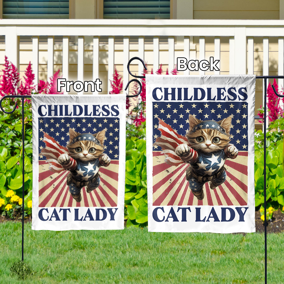 Teesdily | Childless Cat Lady Garden Flag, Hero Cat House Flag, American Flag Yard Banner, Cat Ladies For Comma La Flag Decor Home