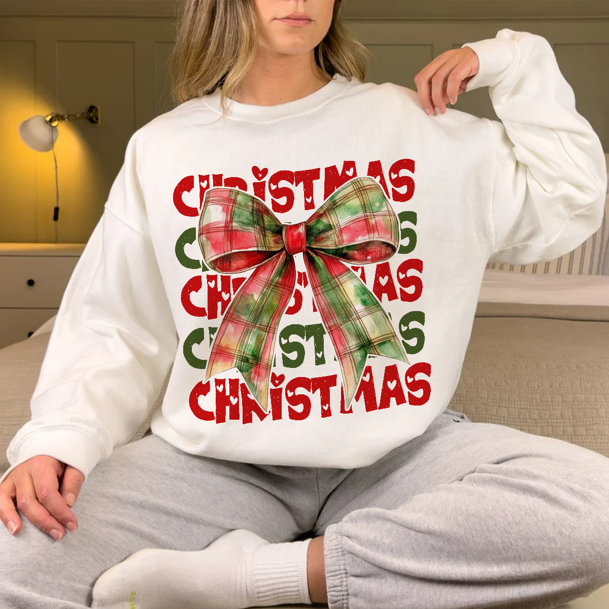 Teesdily | Christmas Coquette Bow Shirt, Coquette Christmas Sweatshirt, Christmas Bow Sweater, Holiday Hoodie, Retro Christmas Gift