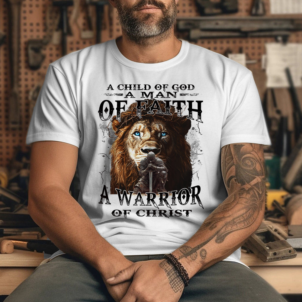 Teesdily | Jesus Warrior Knight Lion Shirt, A Warrior Of Christ Sweatshirt, A Child Of God Hoodie Mug, Man Of Faith Religious Tee