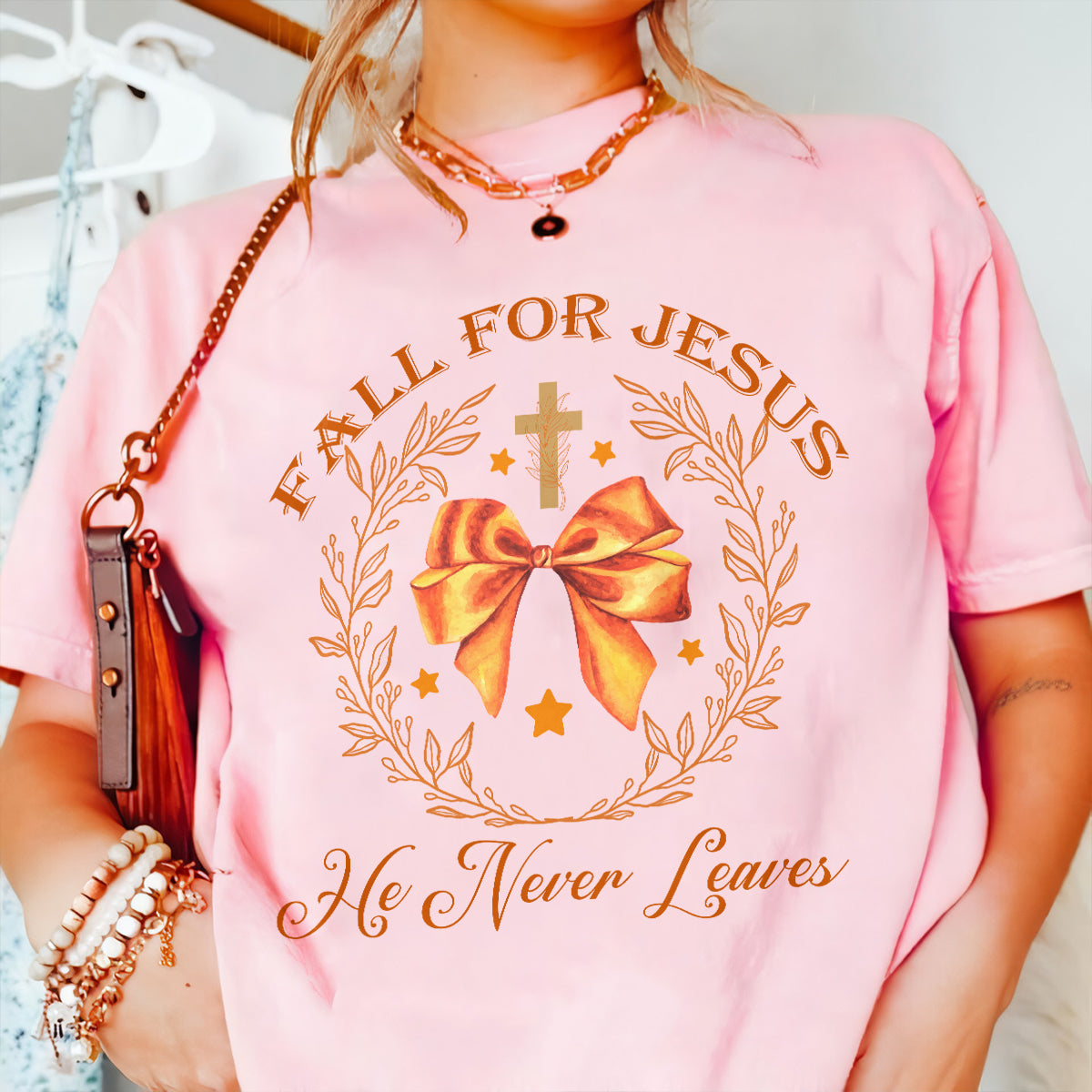 Teesdily | Jesus Thanksgiving Shirt, Fall For Jesus He Never Leaves Tee Sweatshirt Hoodie Mug, Christian Thanksgiving Gifts, Jesus Lovers Gifts