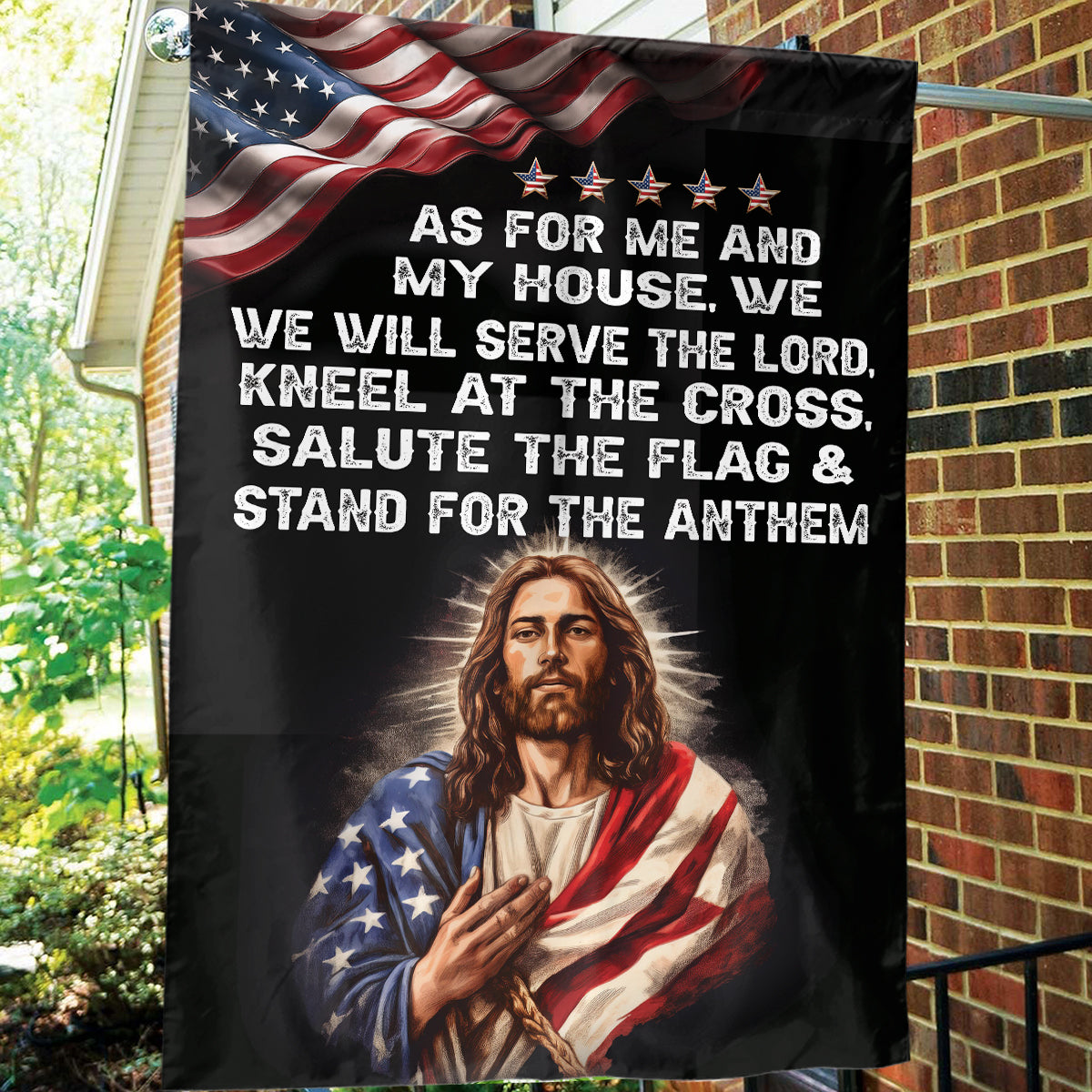 Teesdily | Jesus American Garden Flag, As For Me And My House, We Will Serve The Lord House Flag, American Patriotic Flag, Jesus Outdoor Decor Gift