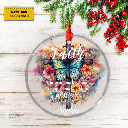 Teesdily | Custom Jesus Cross Butterfly Ornament Christmas, Faith Does Not Make Things Easy It Makes Them Possible Ornament, Christ Flower Ornaments