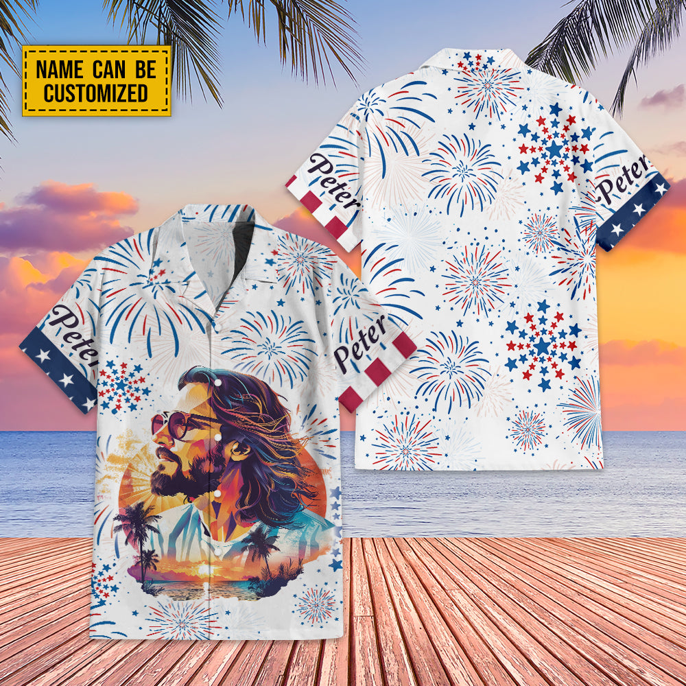 Teesdily | Customized Jesus Graphic Portrait Hawaii Shirt, Independence Day Hawaii Set, 4Th Of July Theme 3D Hawaiian Clothing, Indepedence Day Gifts