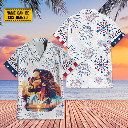 Teesdily | Customized Jesus Graphic Portrait Hawaii Shirt, Independence Day Hawaii Set, 4Th Of July Theme 3D Hawaiian Clothing, Indepedence Day Gifts