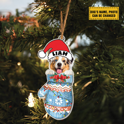 Teesdily | Custom Australian Shepherd In Gloves Ornament Christmas, Dog Winter Glove Christmas Ornament 2D, Dog Mom Dog Lover Gift