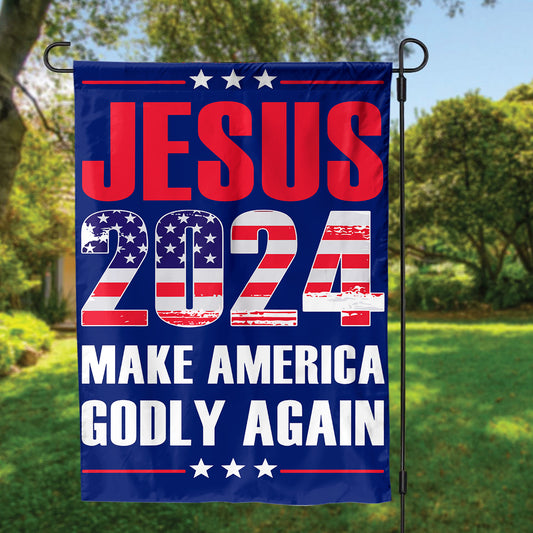 Teesdily | Jesus American Flag, Jesus 2024 Make America Godly Again House Garden Flag, Patriotic Flags, Independence Day Outdoor Decor Gifts