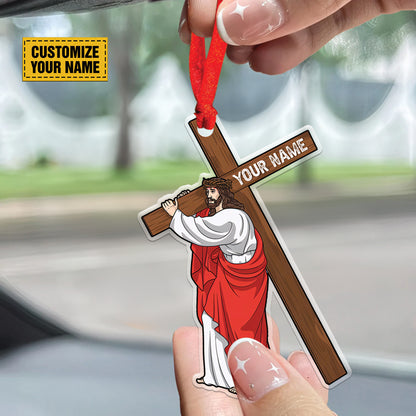 Teesdily | Customized Jesus Holding Cross Acrylic Ornament, Jesus Christ Rear View Mirror Hanging, Christian Car Accessories, God Believer Gifts