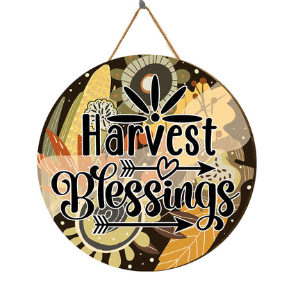 Teesdily | Autumn Harvest Blessings Thanksgiving Round Wood Sign Happy Autumn Home Decoration Outdoor Rustic Sign Farmhouse Decor Housewarming Gifts