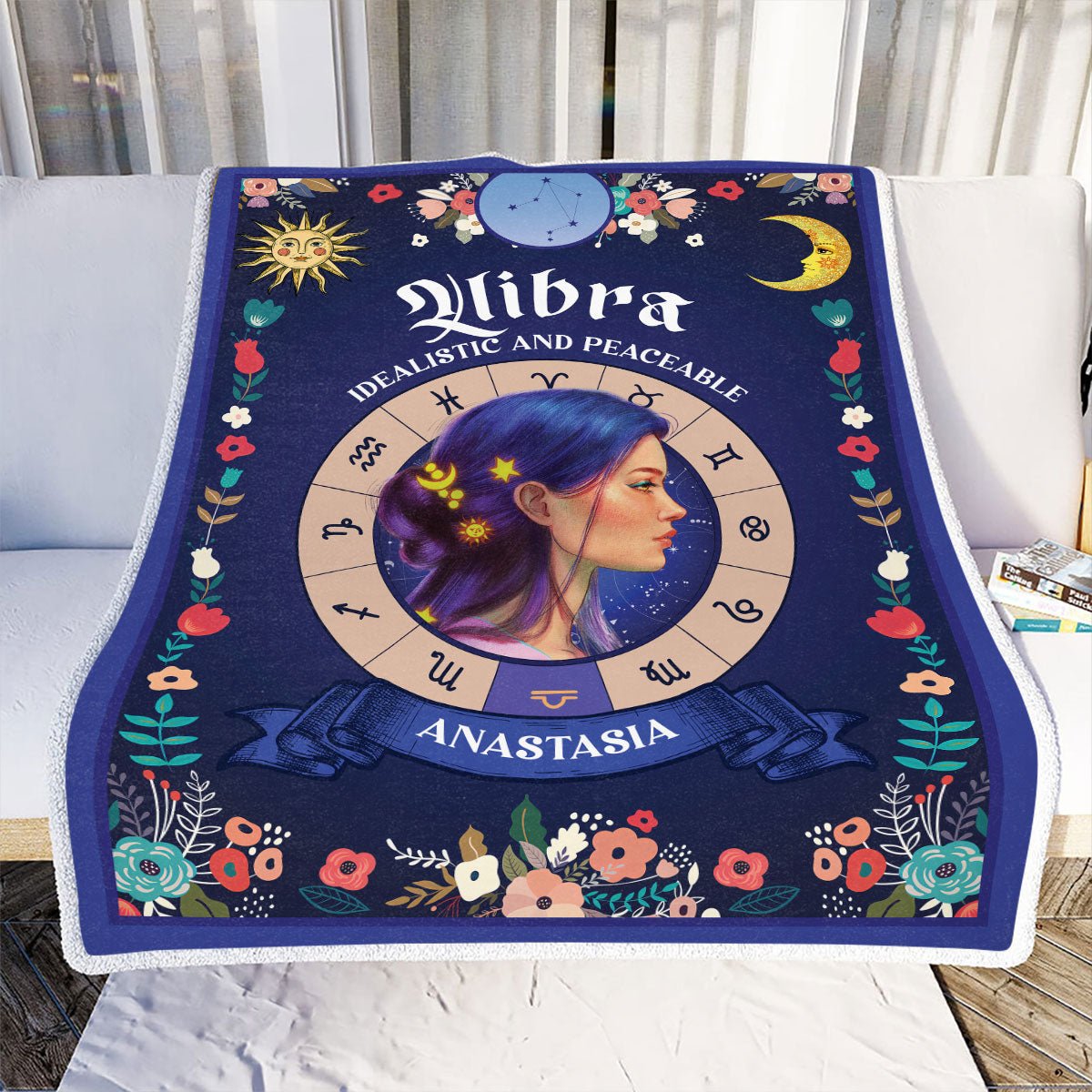 Teesdily | Libra Zodiac Sign Characteristics Customized Blanket Idealistic And Peaceable Sherpa Fleece Horoscope Design Astrology Gift Birthday