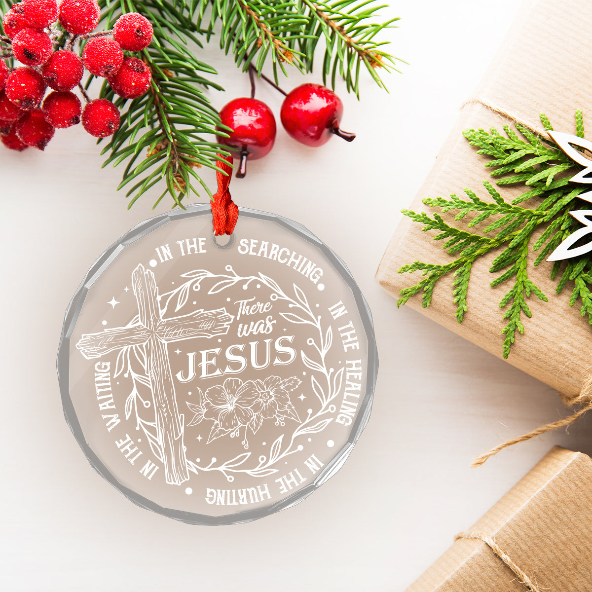 Teesdily | Jesus Faith Cross Flower Ornament, There Was Jesus Ornament Christmas, Bible Verse Religious Ornament, Christmas Decor, Jesus Lover Gifts