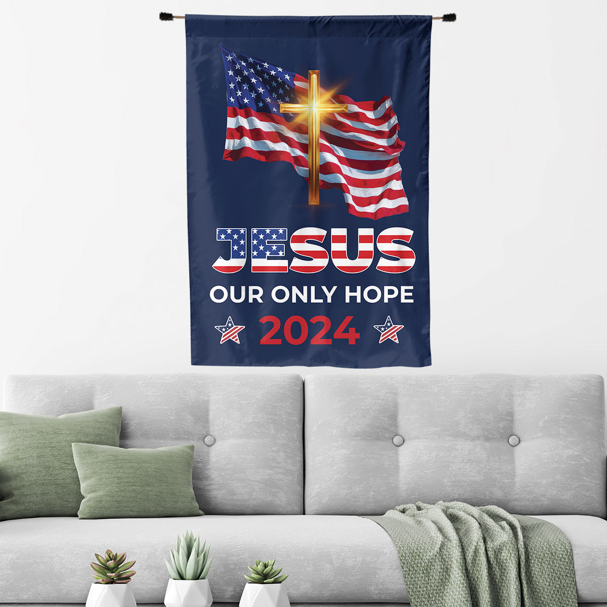 Teesdily | Jesus Cross American Flag, Jesus Our Only Hope 2024 House Flag, American Garden Flag, Patriotic Home Decoration Gifts, Jesus Lovers Flag