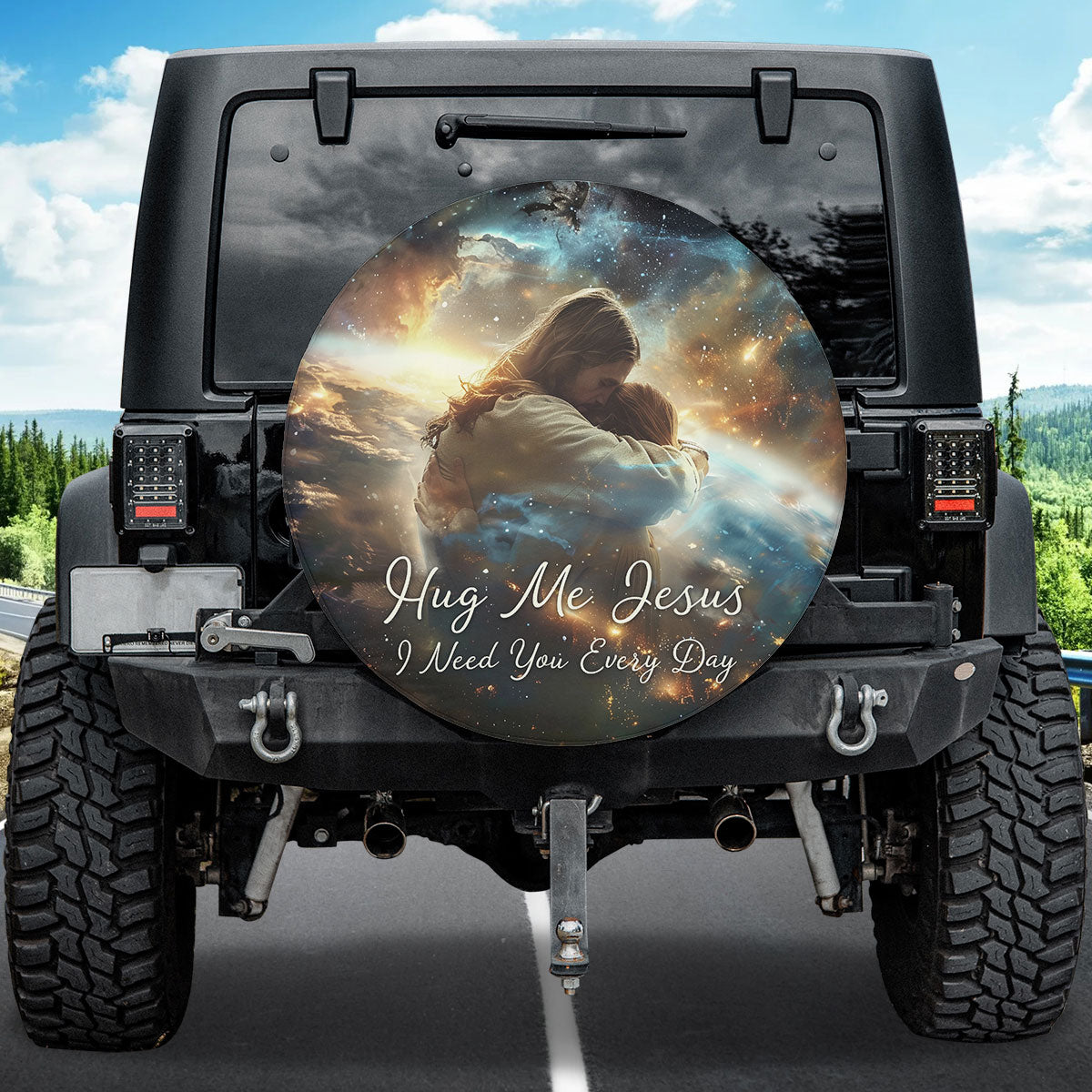 Teesdily | Jesus Hug Spare Tire Cover, Hug Me Jesus I Need You Every Day, Jesus Universe Spare Wheel Cover 27"-34", Christian Car Accessories