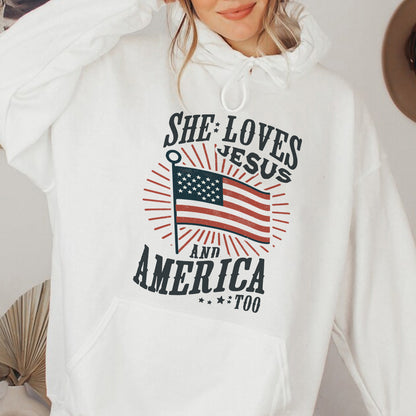 Teesdily | American Flag Tshirt, She Loves Jesus And America Too, Indepdence Day Sweatshirt Hoodie, Christian Gifts Mug