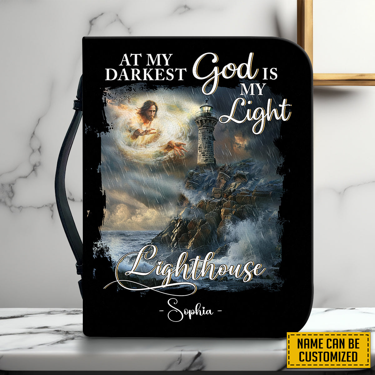 Teesdily | Personalized Jesus Lighthouse Storm Bible Cover, At My Darkest God Is My Light Bible Case With Handle, God Faith Christian Religious Gift