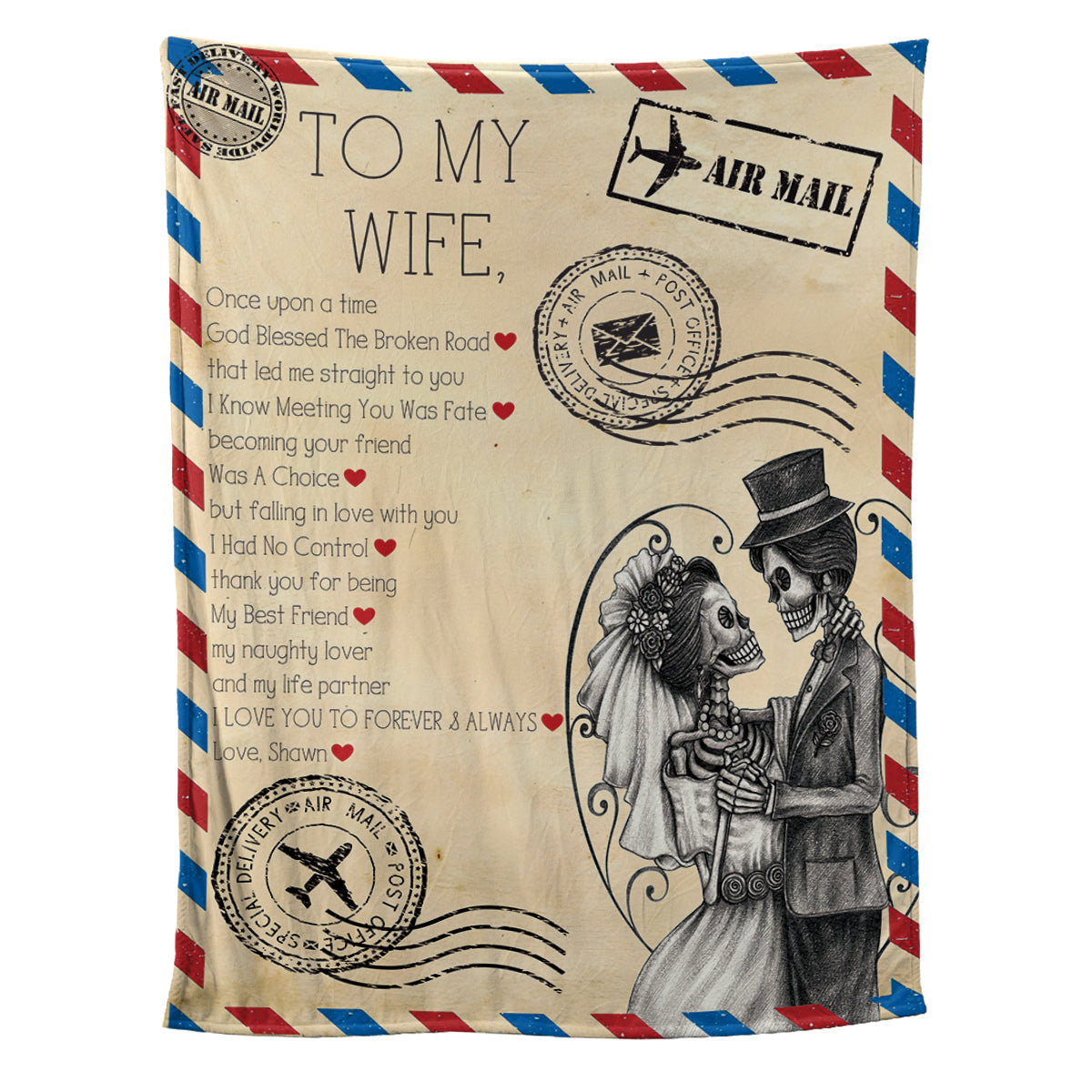 Teesdily | Personalized Skeleton Couple Blanket To My Wife Vintage Letter Fleece Throw Blanket God Blessed The Broken Road Christmas Gift For Wife