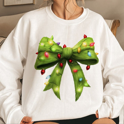 Teesdily | Green Christmas Coquette Bow Shirt, Green Fur Bow Christmas Sweatshirt, Christmas Light Bow Hoodie, Retro Christmas Gift